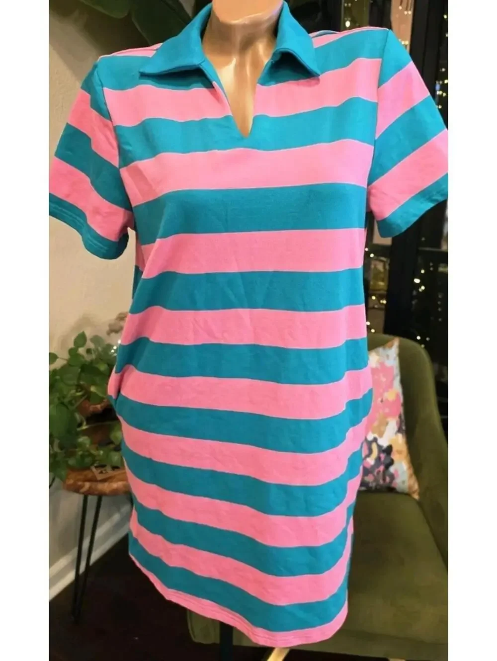 Pink Lily Teal Pink Striped Collared T-Shirt Dress Shift Preppy Knit Mini M - Picture 1 of 8